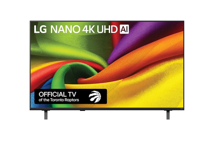 The front view of LG NANO 4K UHD AI nu85, released in 2026, fills the screen with smooth, flowing layers of vividly colored, fabric-like textures, as curved multicolored folds spread across the display.